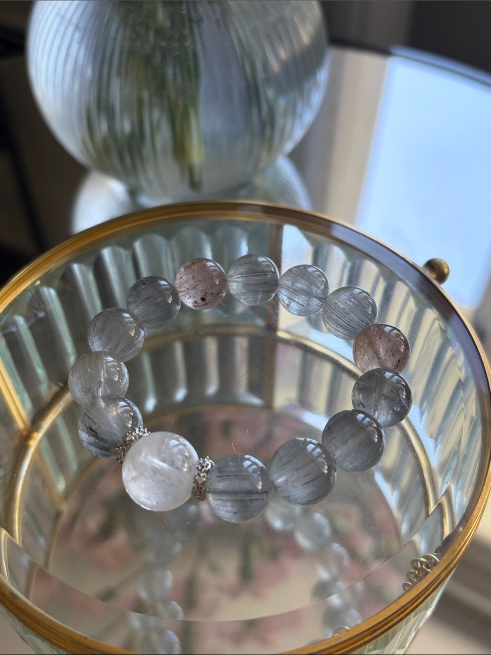 Rabbit hair Gray and Rose Quartz Beaded Stretch Bracelet